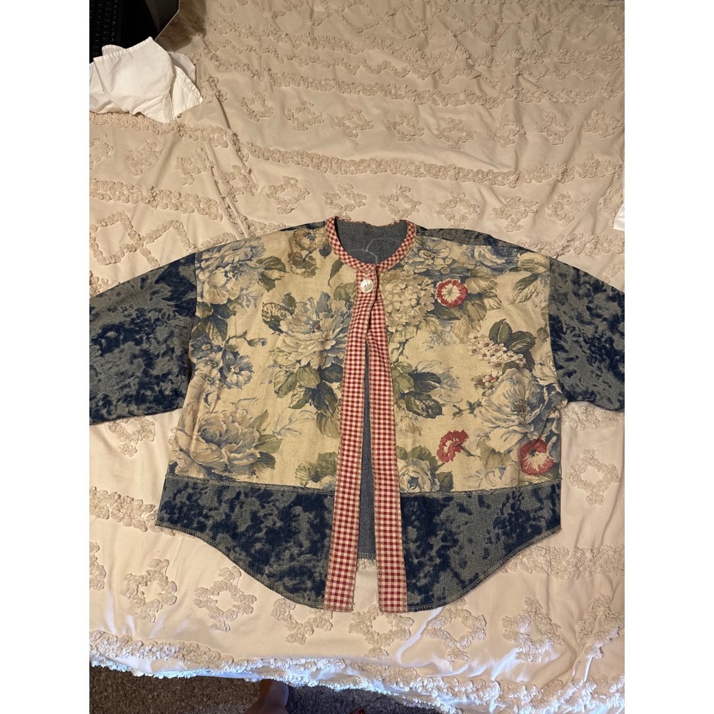 Handmade Patchwork Floral Denim Jacket One of a Kind Acid Wash Gingham Blue Red